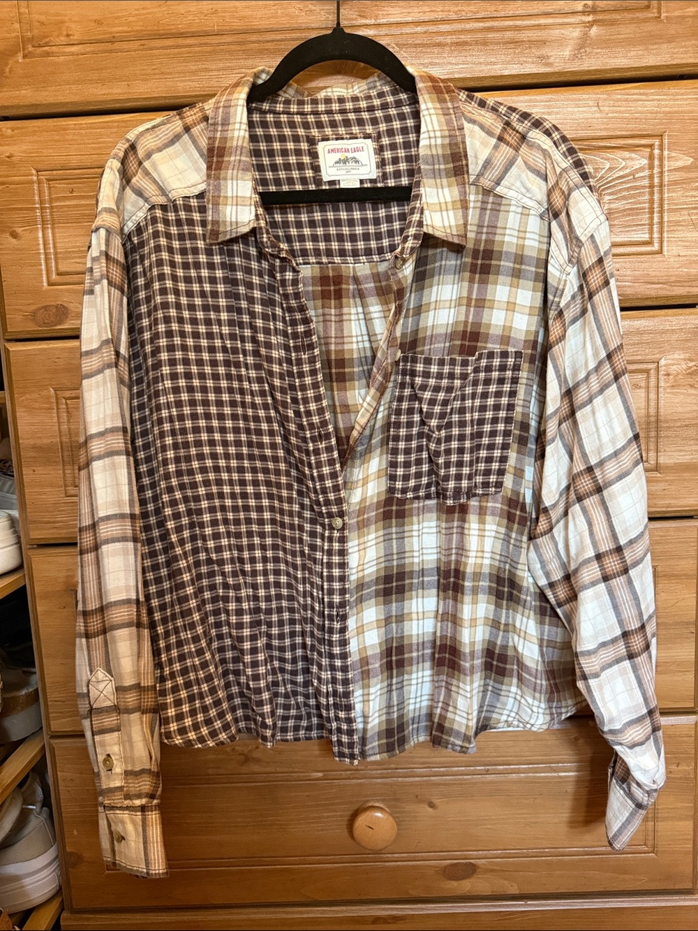 American Eagle Outfitters Brown and Cream Plaid Button-Down Shirt